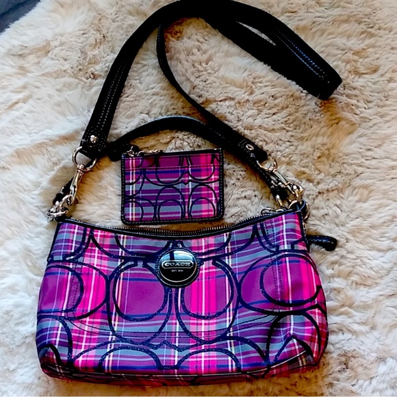 Purple plaid coach purse sale